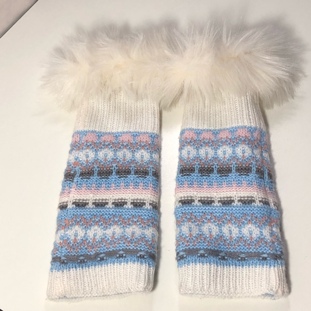 Free People White Faux Fur Trim Knit Wrist Warmers with Blue & Pink Fair Isle
